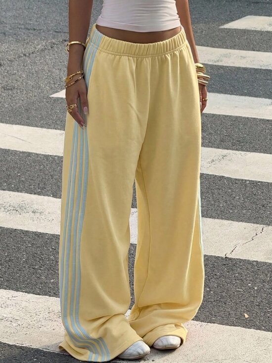 Pants - Pale Yellow Casual Women's Contrast Color Loose Wide Leg Sweatpants